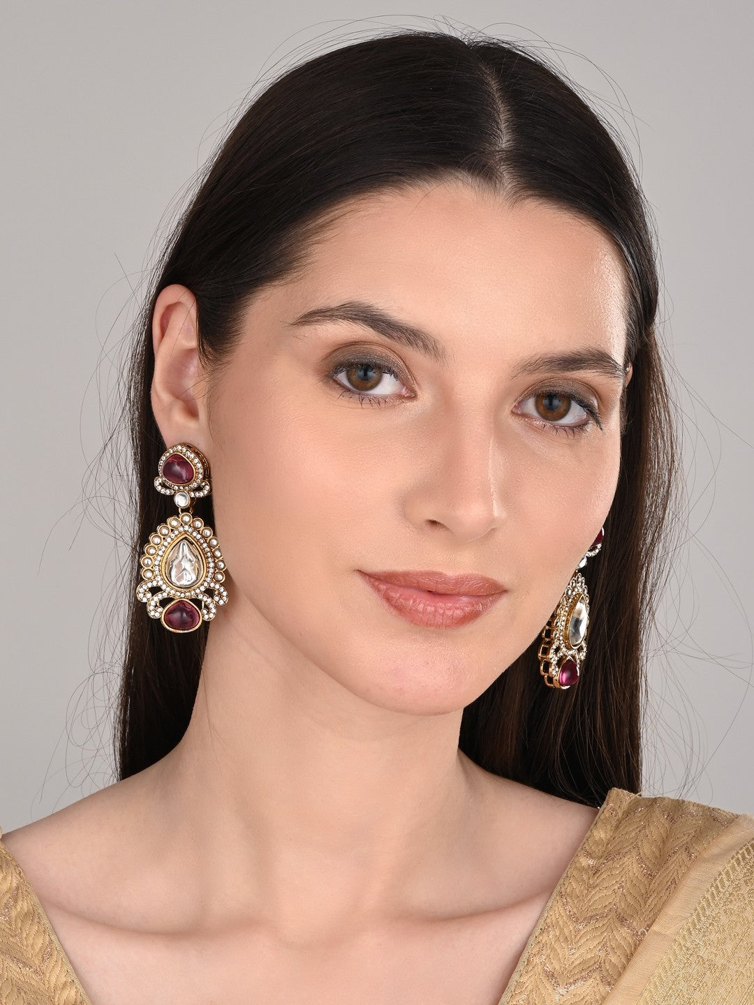 Gold plated kundan Pear shaped Drop Earrings Pink