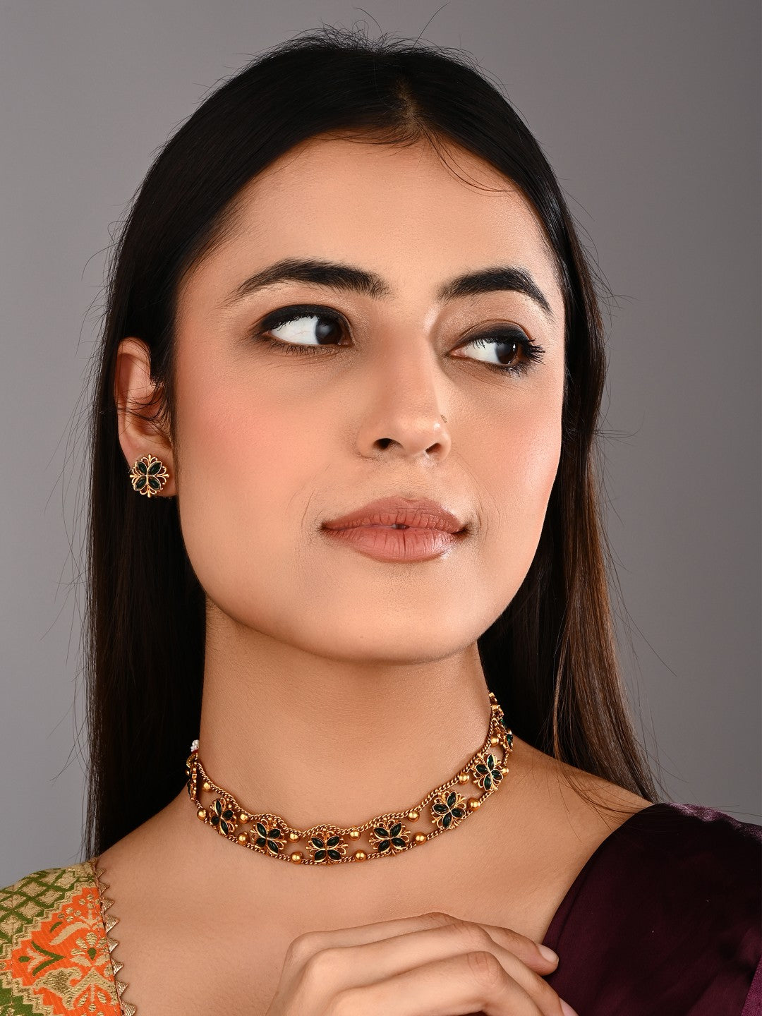 Gold plated floral Necklace set - Green