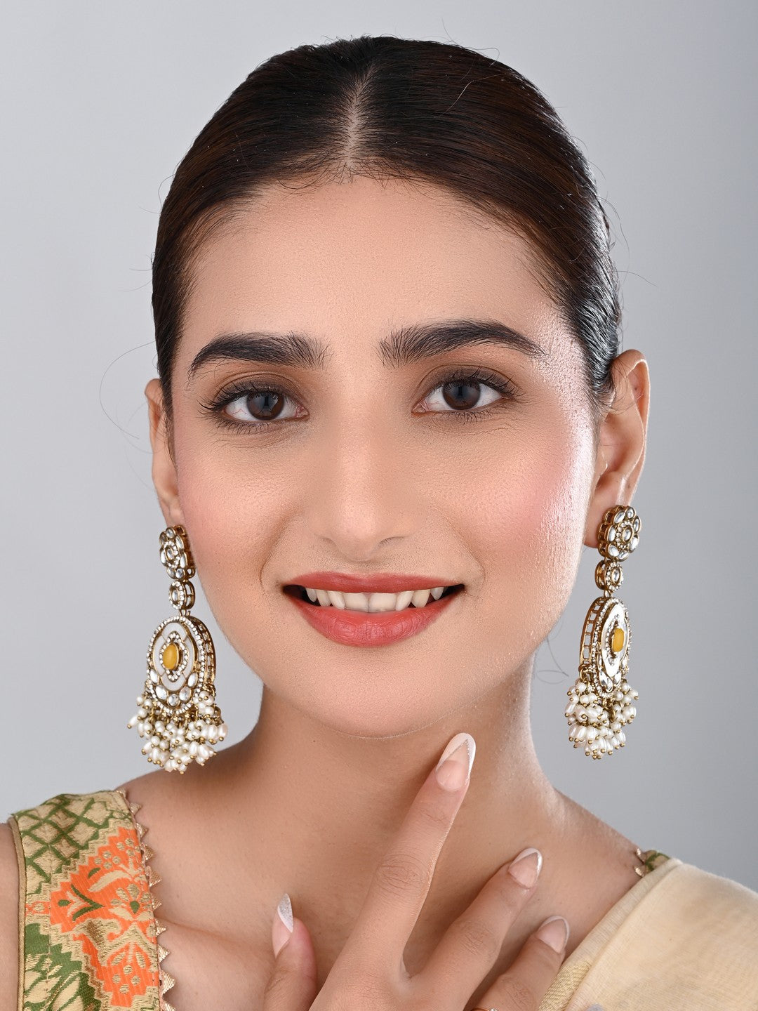 Cream & Citrine Chandbali Drop Earrings