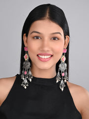 Silver oxydised lightweight long Drop Earring with Pink Stone