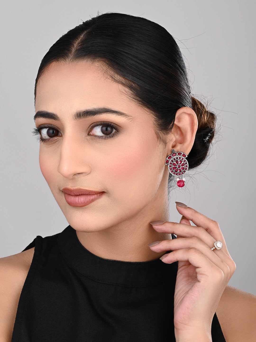 Stones Studded Circular Studs- Pink
