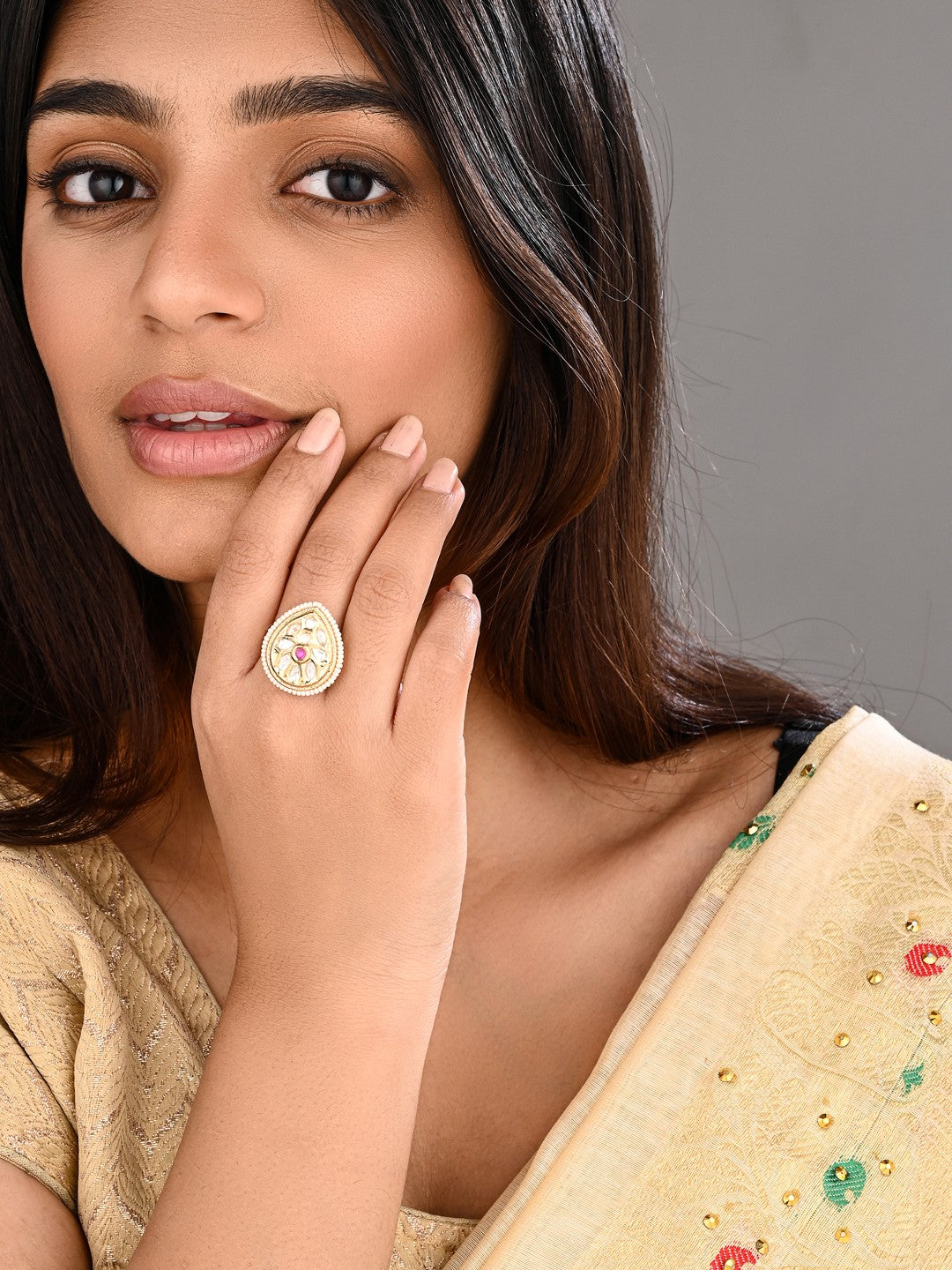 Teardrop Kundan Floral Pearl Brass Ring