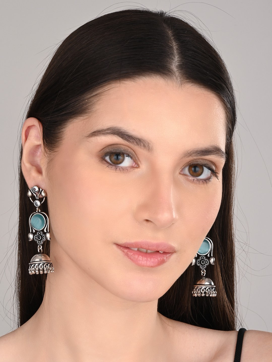 Silver oxydised lightweight long Jhumka Blue