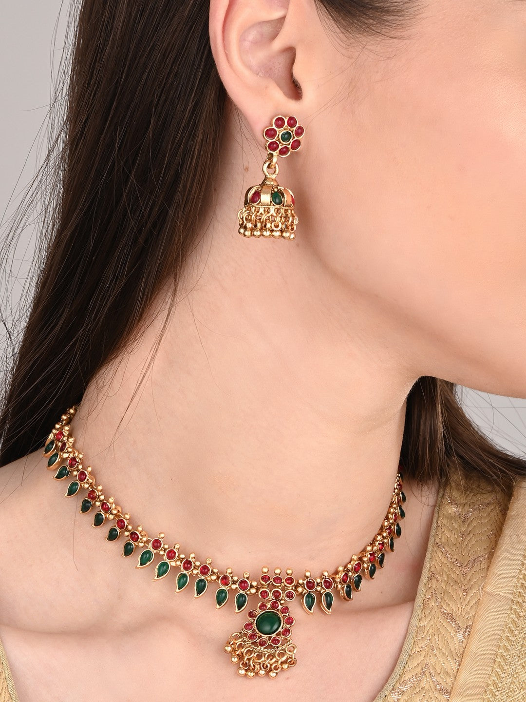 Red & green stone traditional necklace set