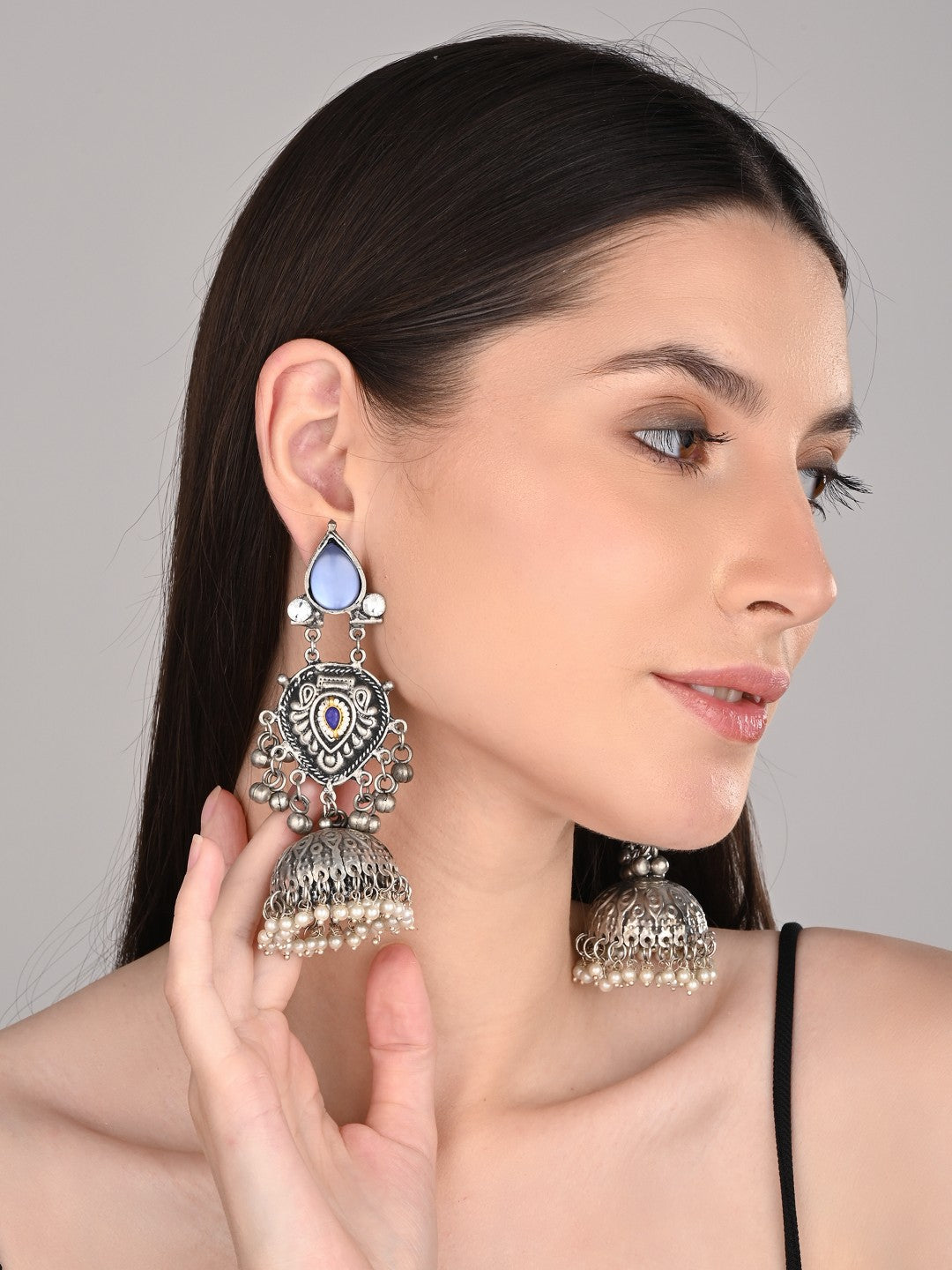 Silver oxydised lightweight long Jhumka Earring - Blue