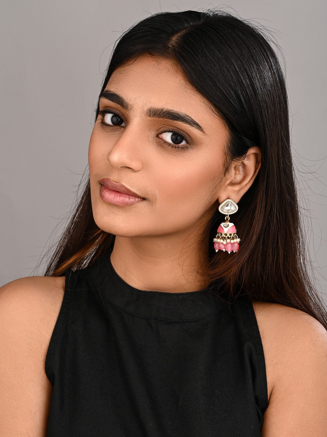 Enamelled Jhumka Earring - Pink