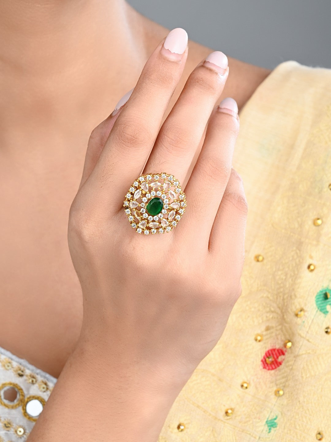 Emerald Green Stone & Crystal Floral Ring