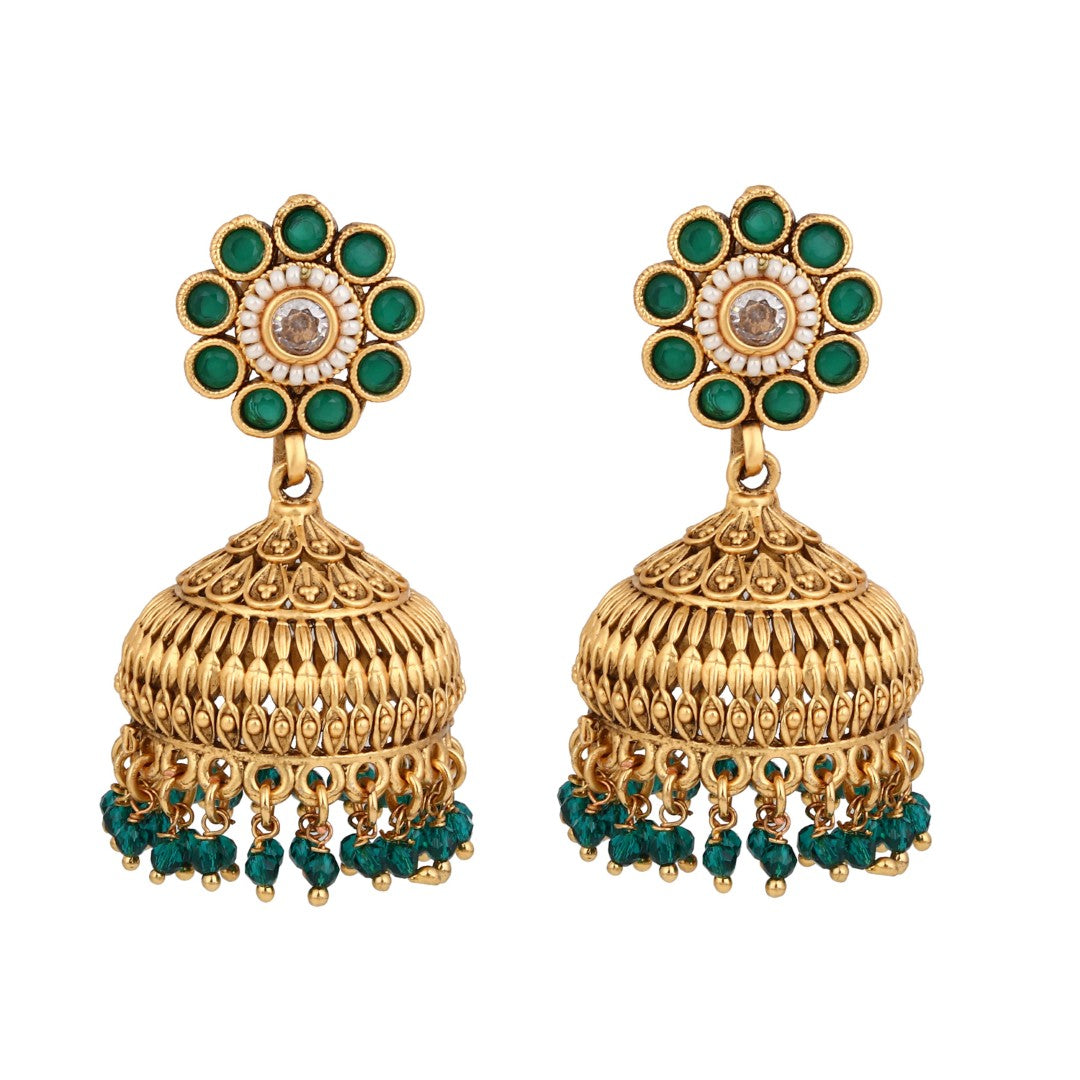 Emerald Bloom Copper Jhumka Earrings