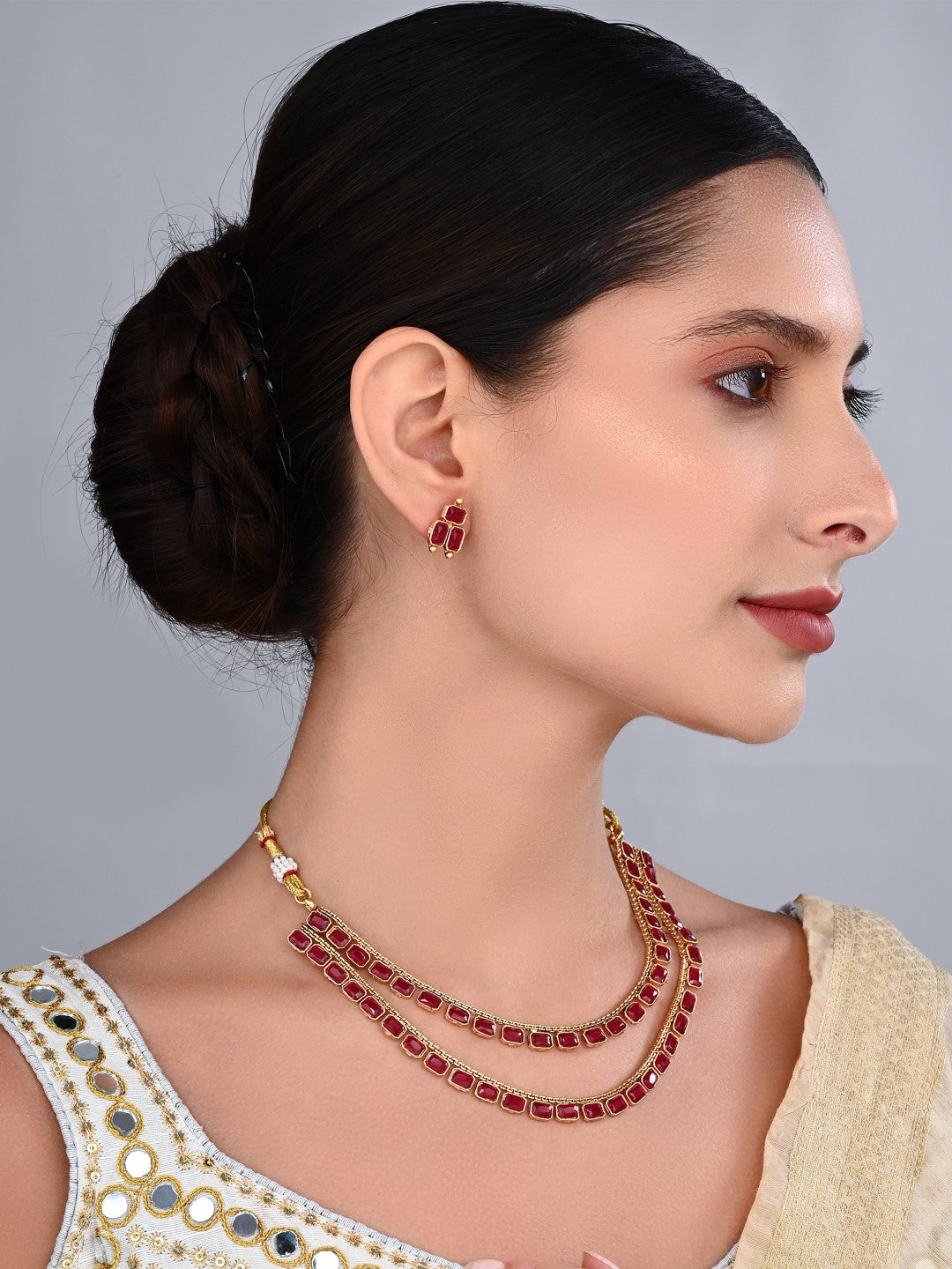 Ruby Royale Double-Layer Gold-Tone Necklace & Earrings Set