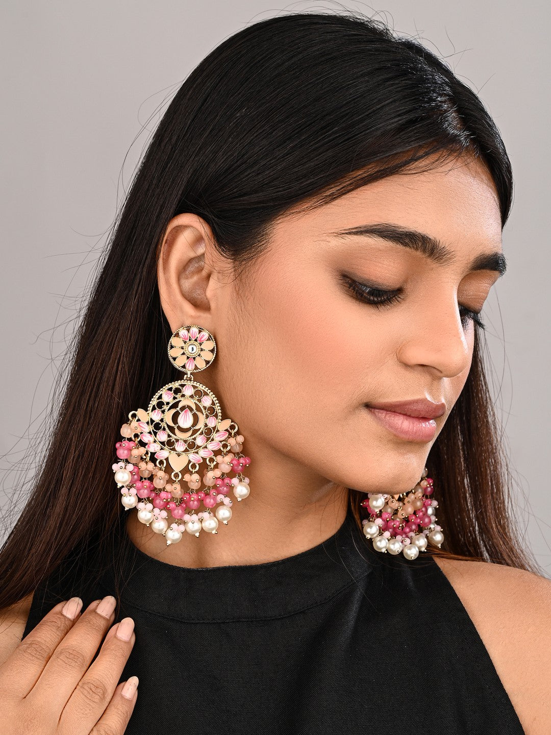 Vibrant Peach & Pink Chandelier Pearl Drop Earring