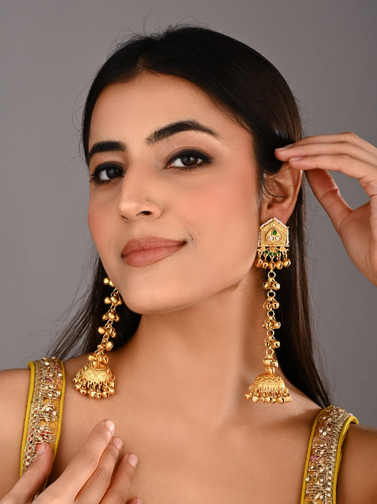 Geometric long drop Green Jhumka Earring