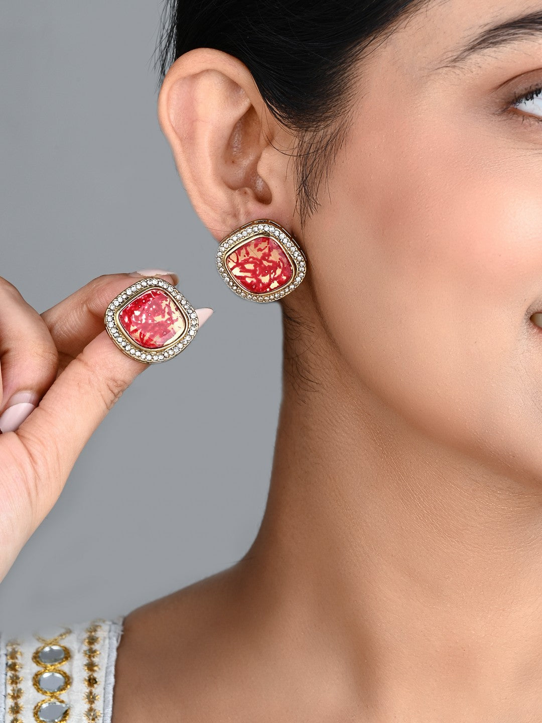 Heritage-Inspired Stone Stud Earrings - Red