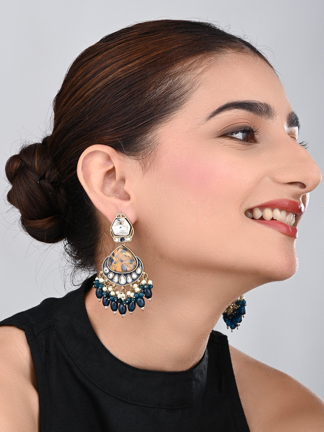 Gold plated two tone stone drop earring - Blue