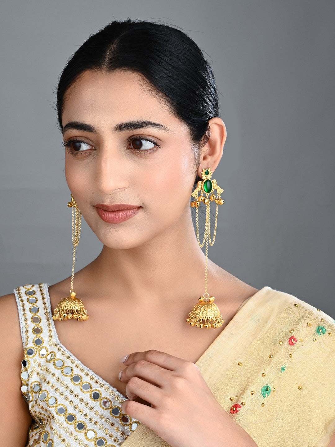 Emerald Green Temple Jhumka Earrings with Chain Tassels