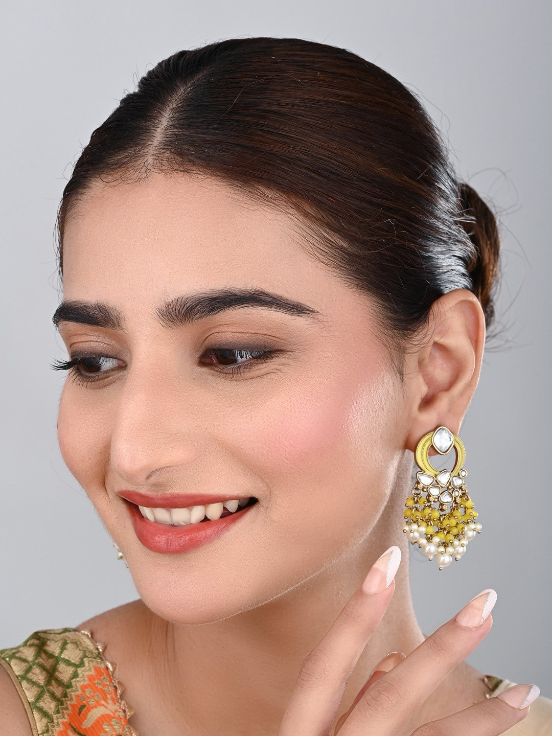 Gold-Plated Meenakari Stud Earrings with Kundan & Pearl Cluster drops - yellow