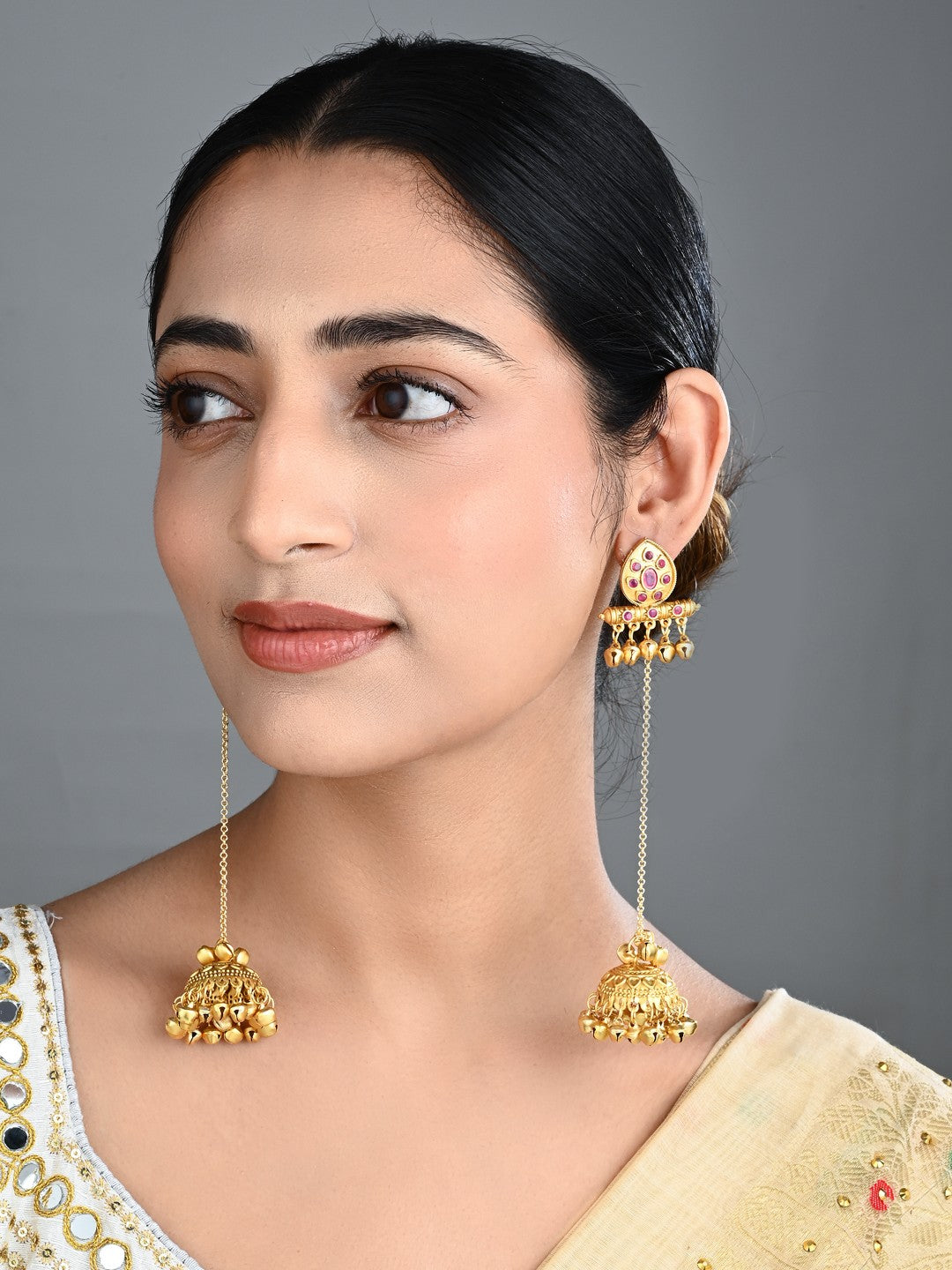 Ruby Temple Jhumka Earrings with Long Chain Tassels