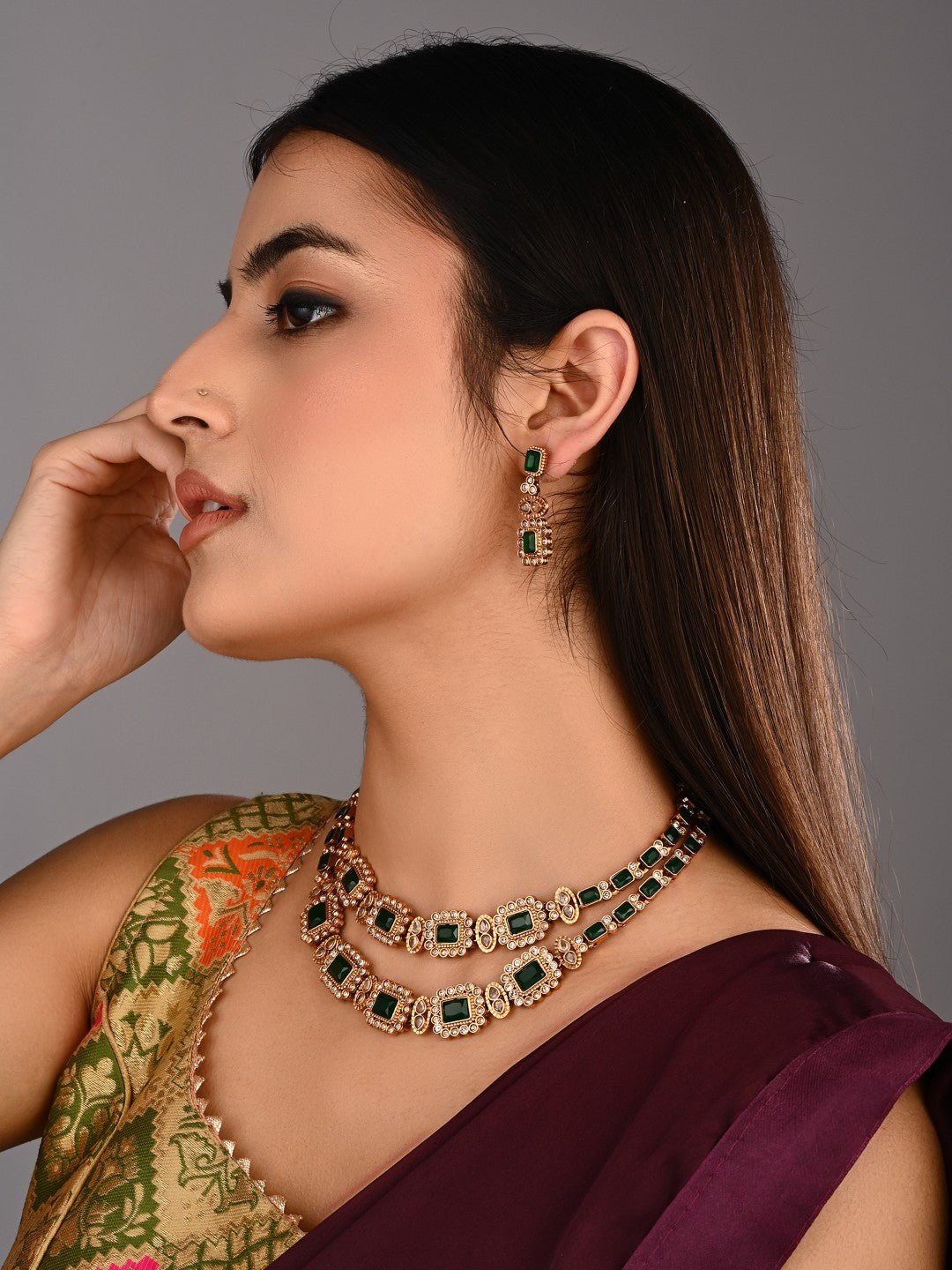 Emerald Double Layer Necklace Earrings Set