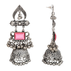 Silver oxydised lightweight long Jhumka with Pink Stone