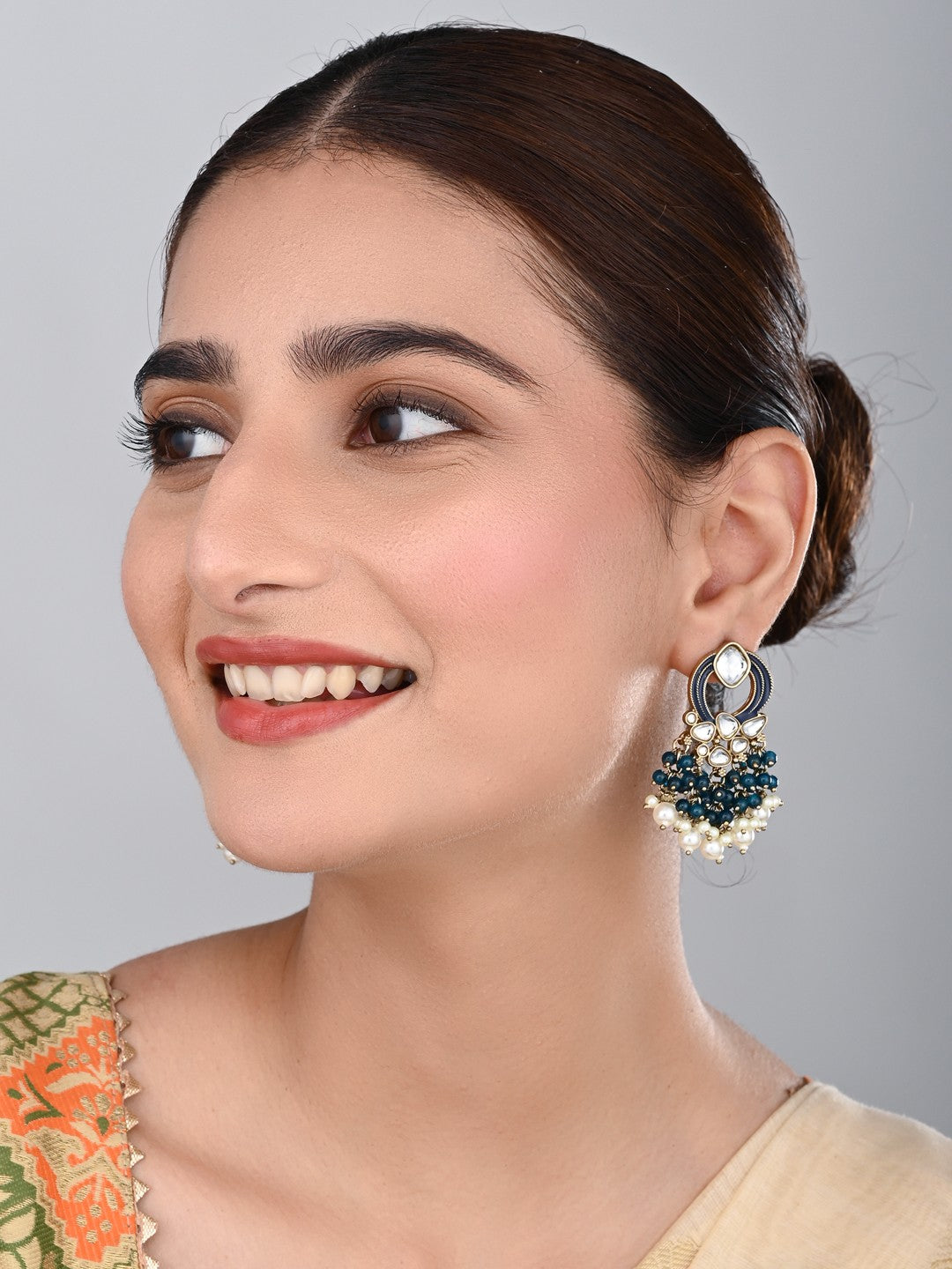 Gold-Plated Meenakari Stud Earrings with Kundan & Pearl Cluster drops - Blue