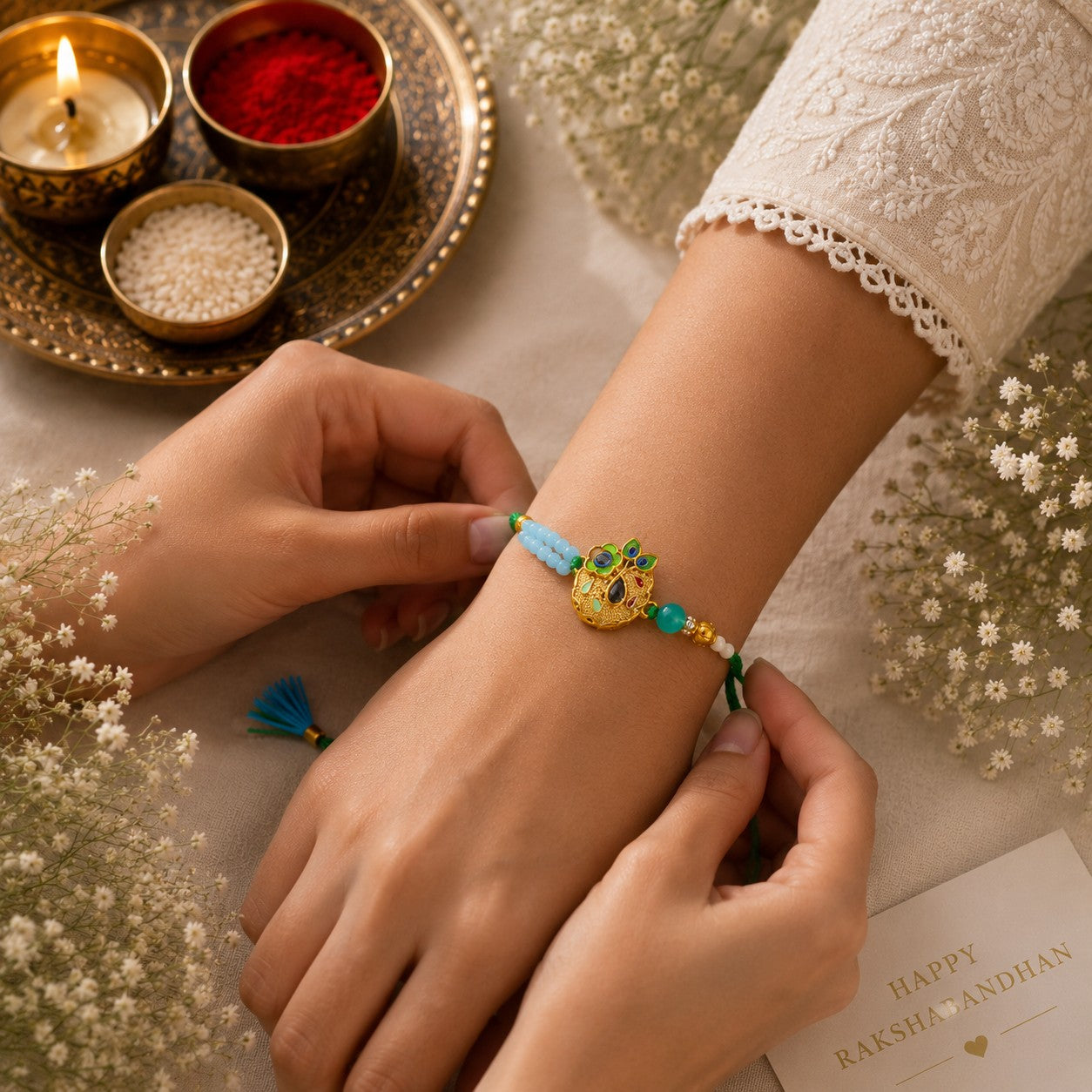 Peacock Charm & Flute Feather Rakhi Set