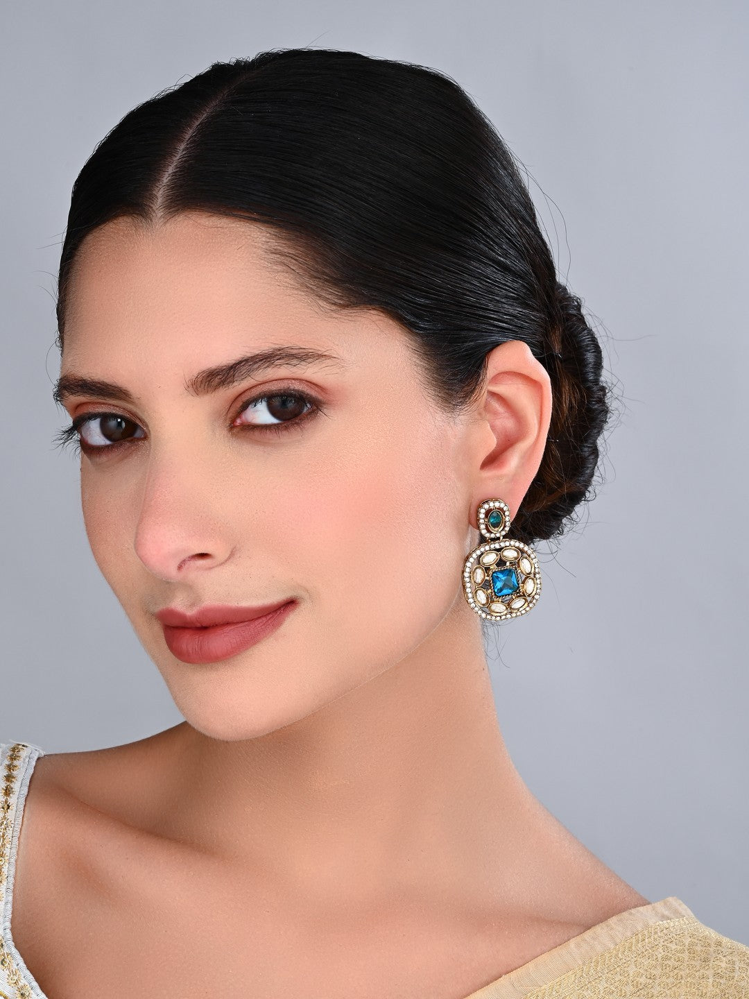 Kundan & Stone Embellished Statement Earrings blue