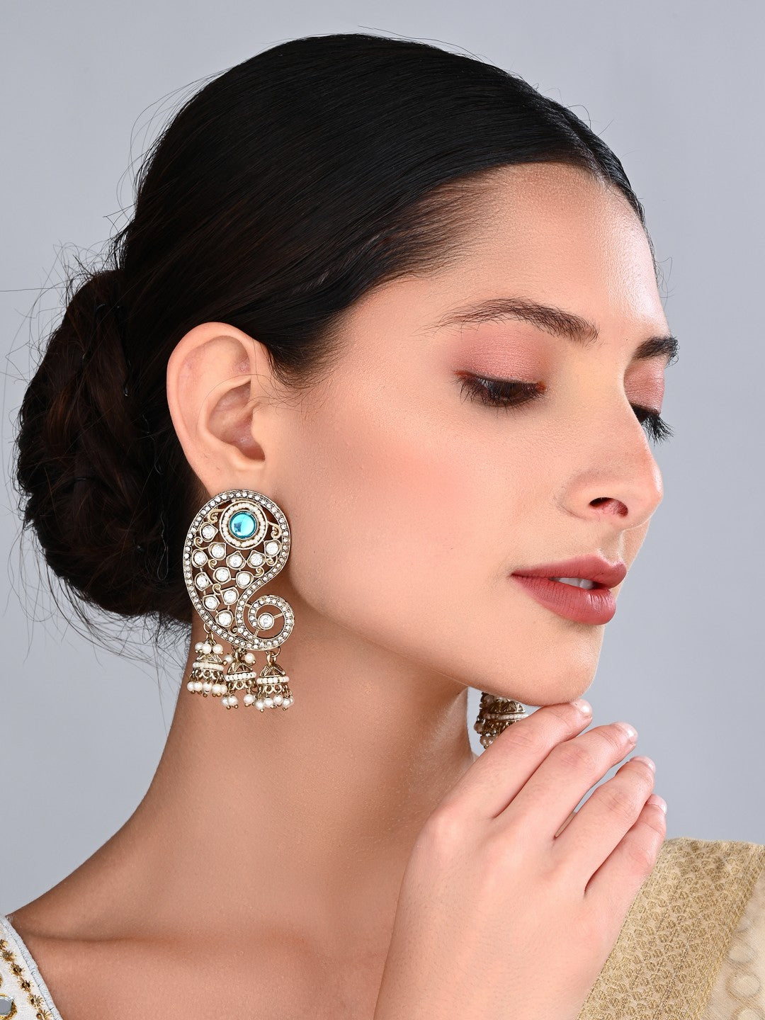 Gold-Toned Paisley Stud Earrings with Stones and Pearl jhumka Drops