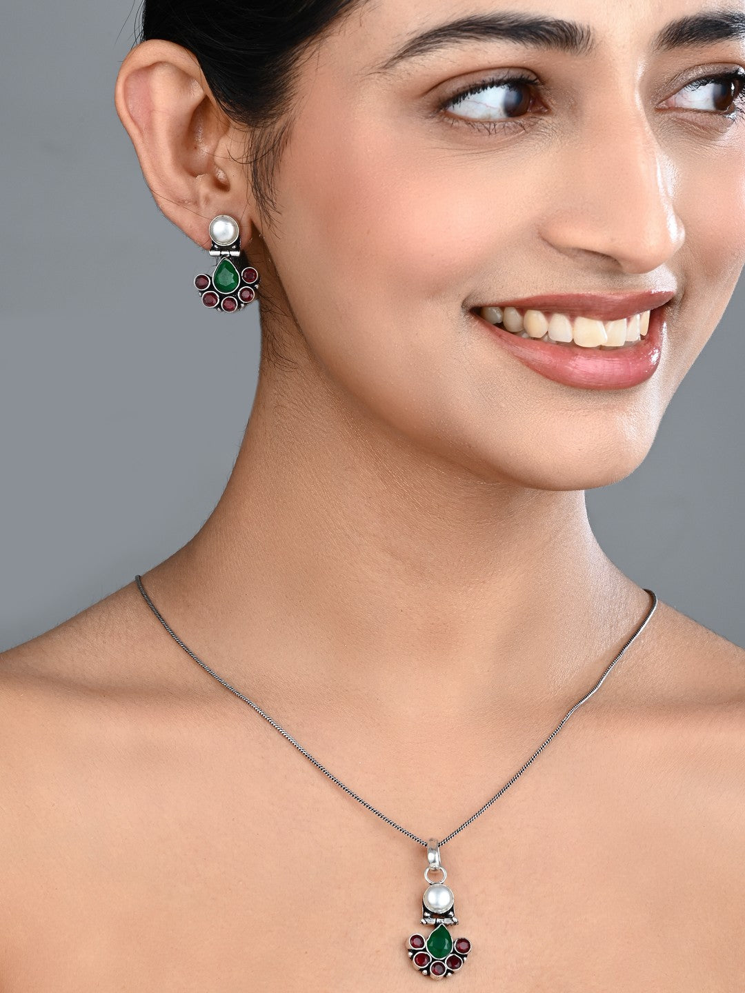 Floral Crystal Pendant Necklace Set with Matching Stud Earrings - Multi