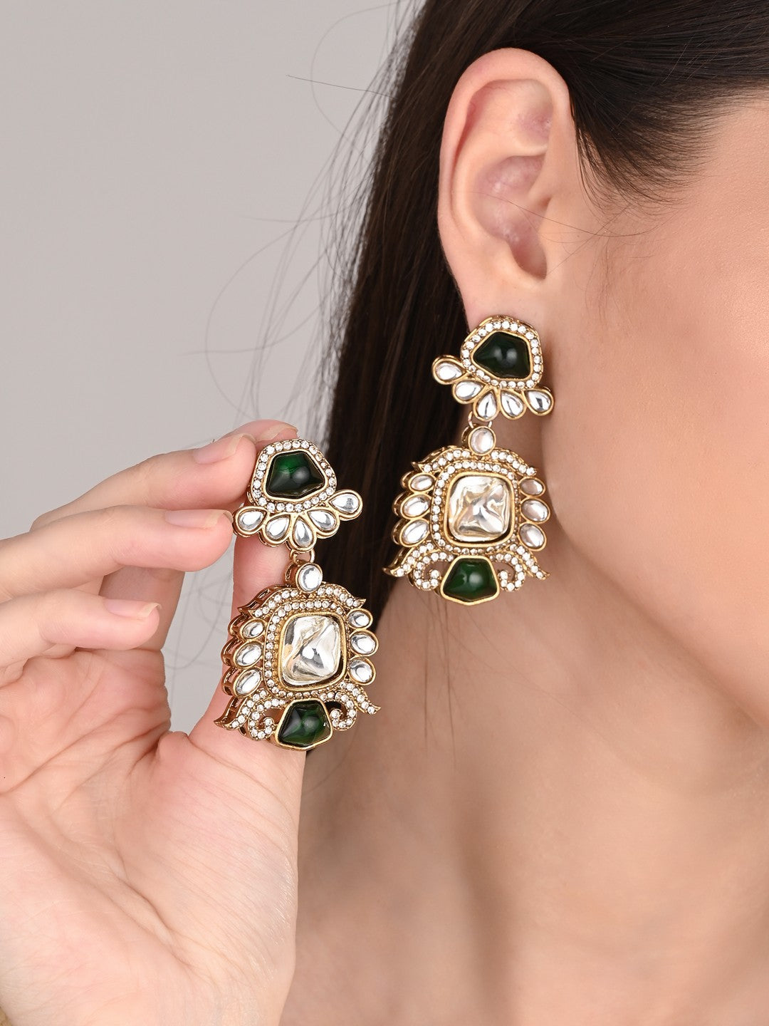 Gold plated kundan Drop Earrings Green