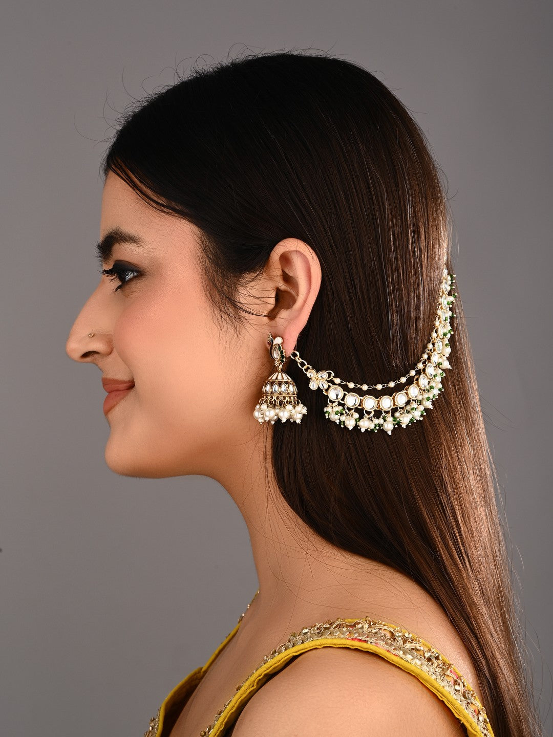 Kundan & Beads double layered ear chains