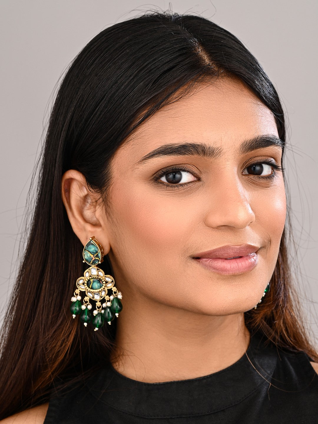 Gold-Plated Emerald Green Kundan Chandelier Earrings with Bead Drops