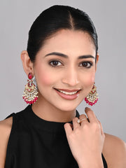 Gold-Plated Meenakari Stud Earrings with Kundan & Pearl Cluster drops - pink