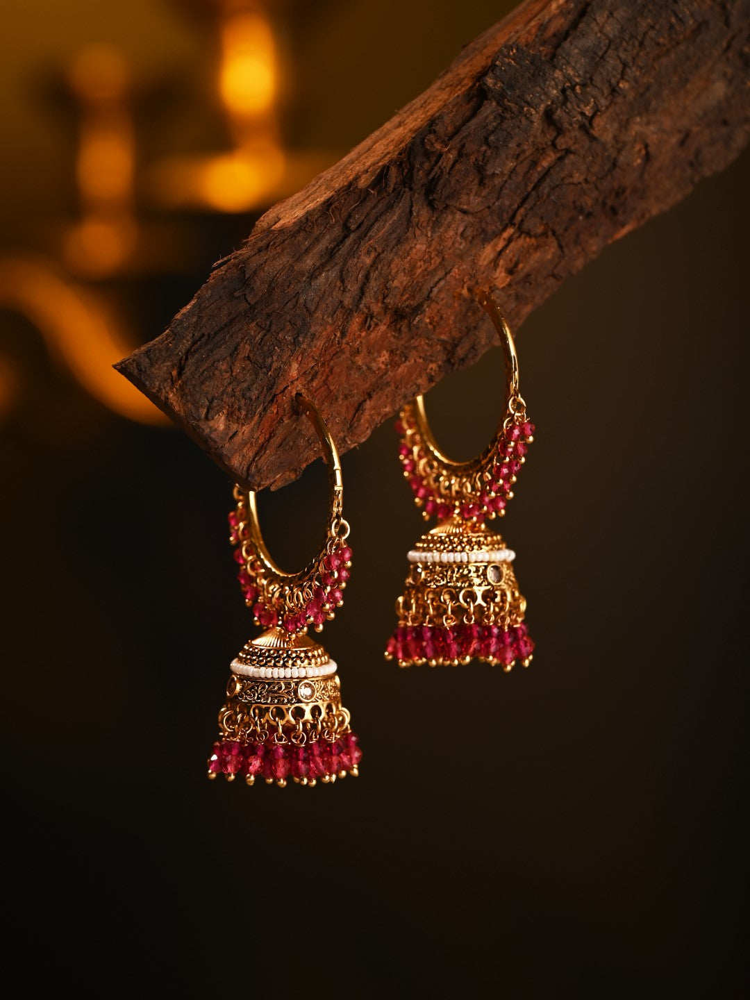 Ethnic hoops with Jhumka drop Red