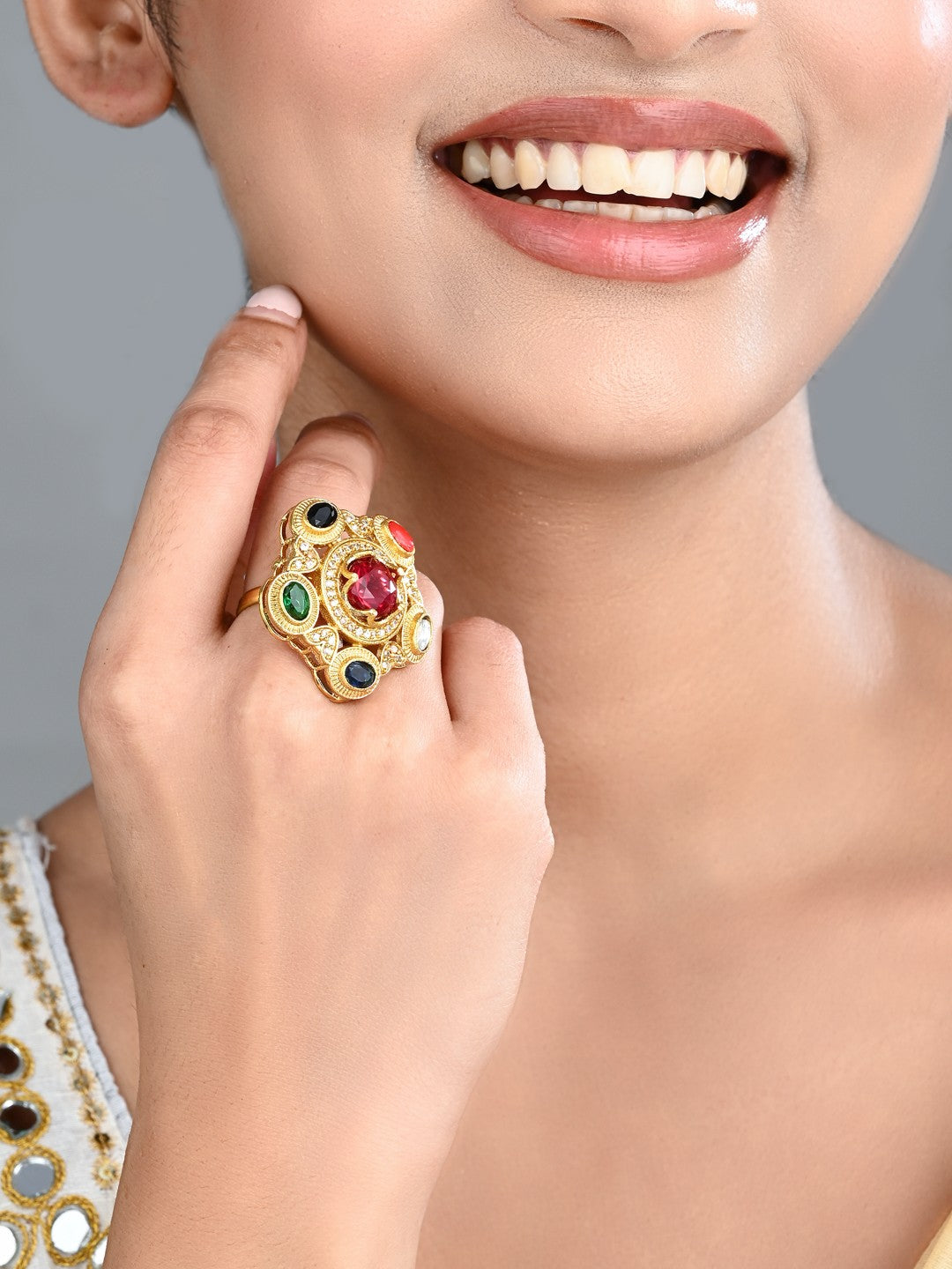 Multicolor Kundan-Inspired Statement Ring