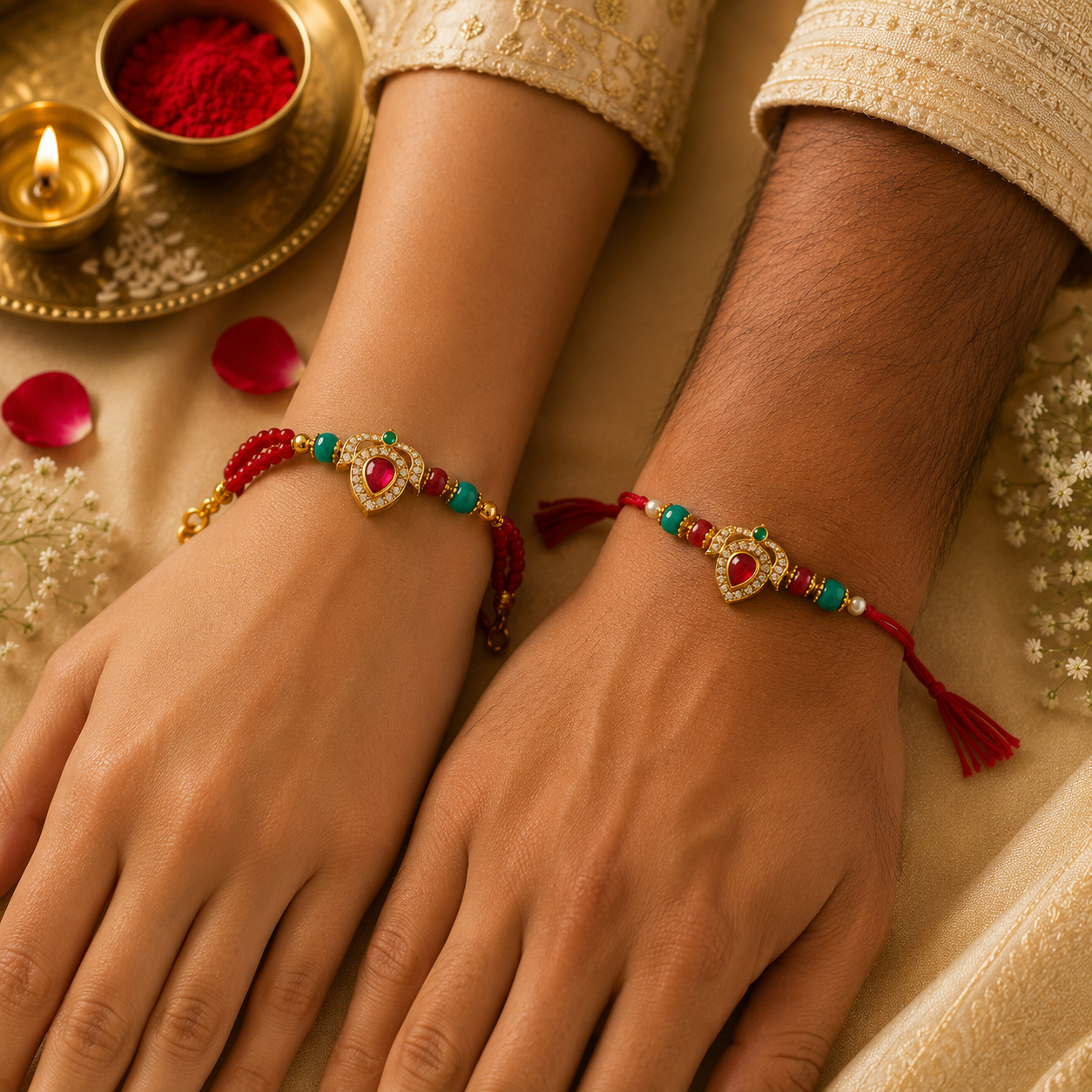 Ruby Teardrop Bhai Bhabhi Rakhi Set with Crystal Beads & Lumba