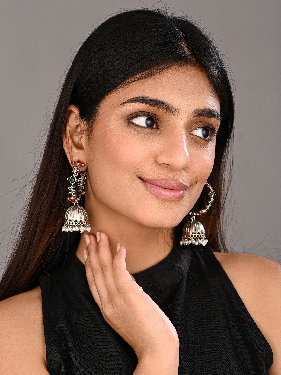 Silver-Tone Brass Stone-Studded Jhumka Earrings