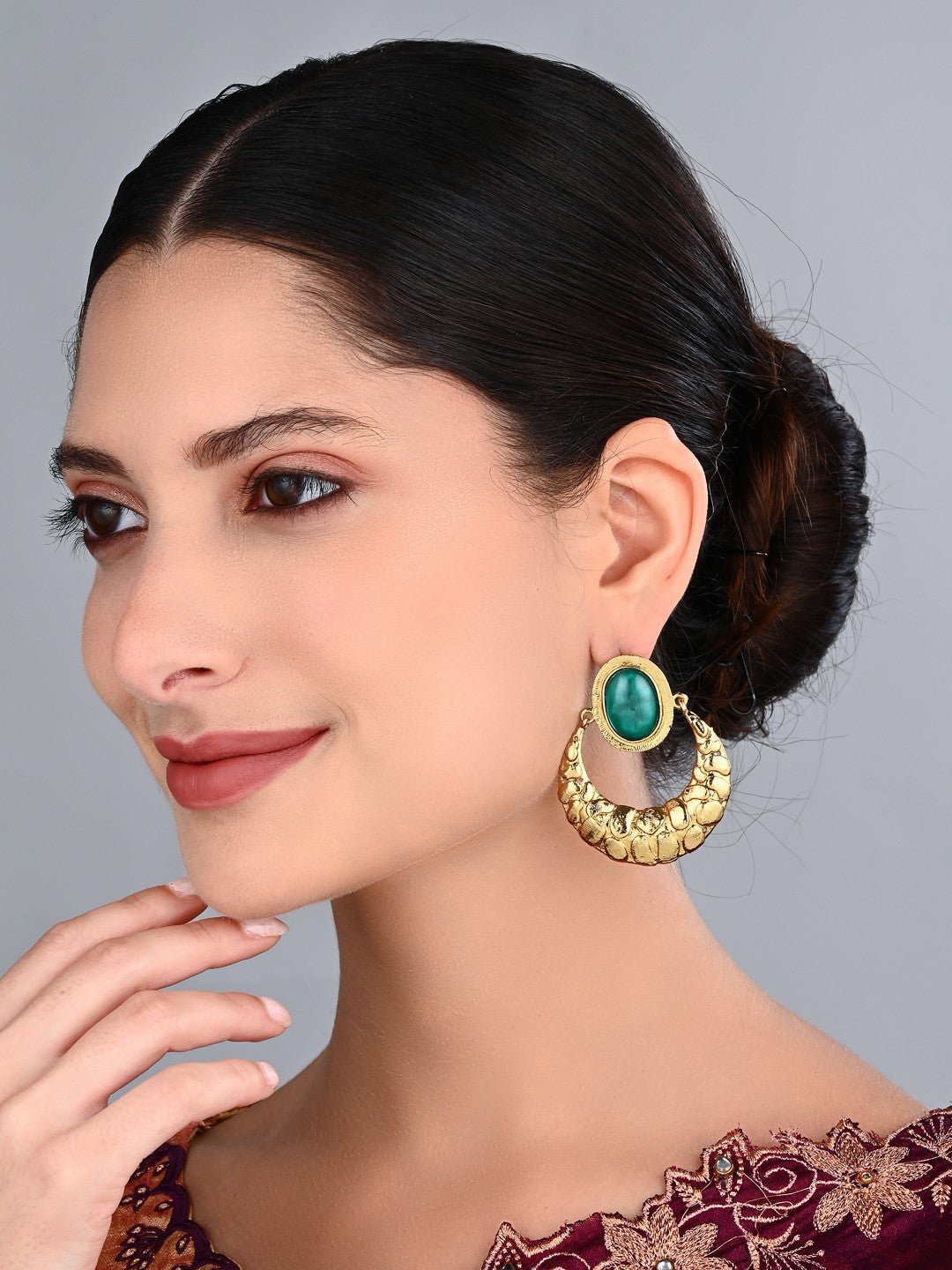 Kiara Teal Stone Textured Gold Hoop Earrings