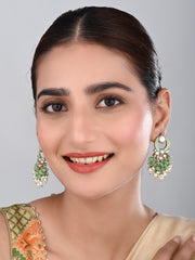 Gold-Plated Meenakari Stud Earrings with Kundan & Pearl Cluster drops - Sage green