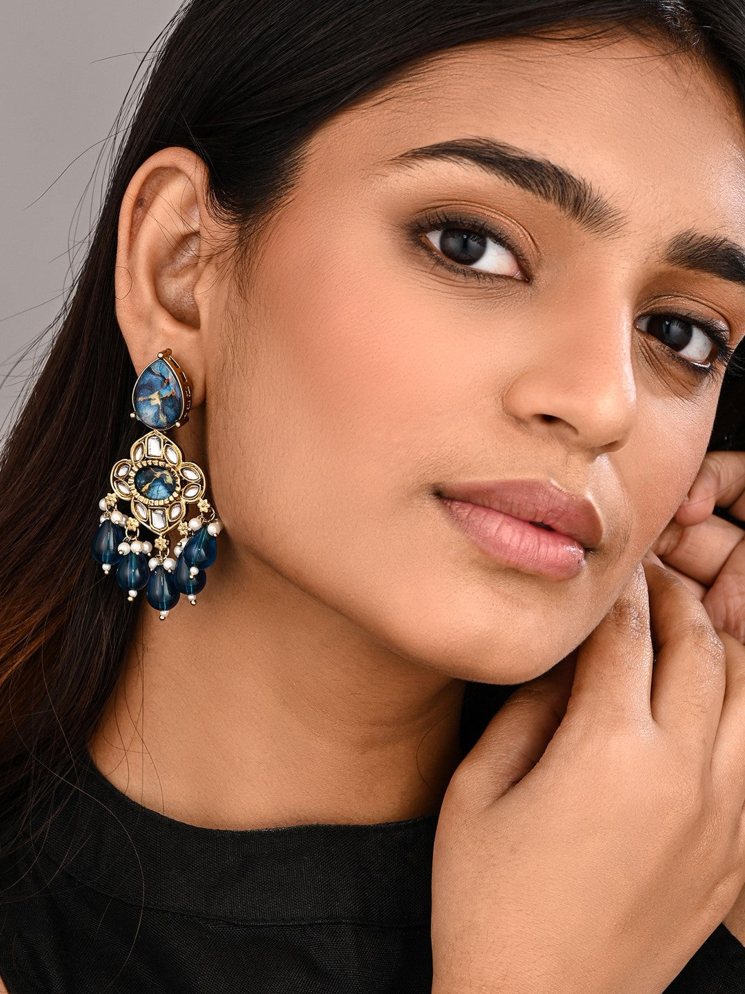 Gold-Plated Blue Kundan Chandelier Earrings with Bead Drops