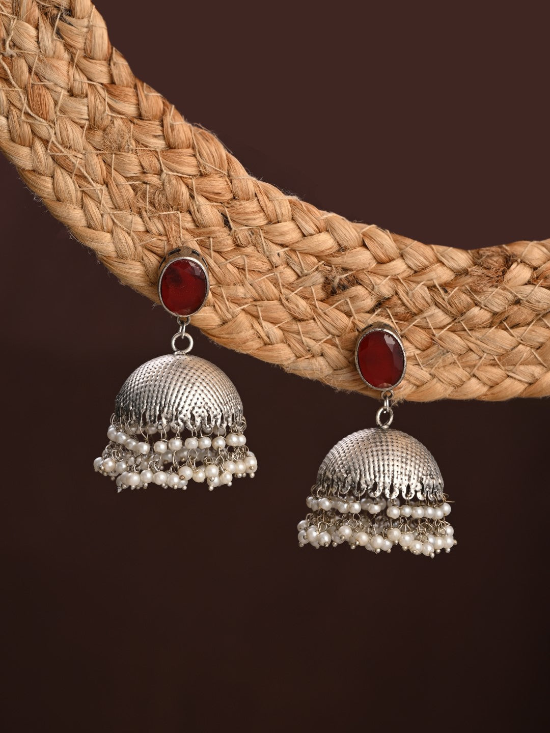 Elegant Silver Oxidised Red Stone Jhumka