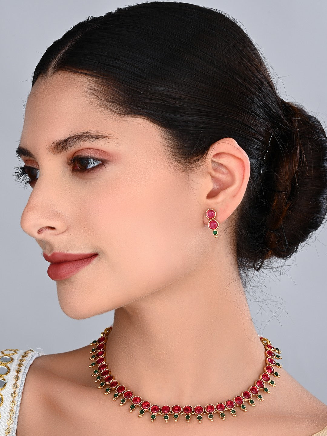 Ruby & Emerald Floral Gold-Tone Necklace & Earrings Set