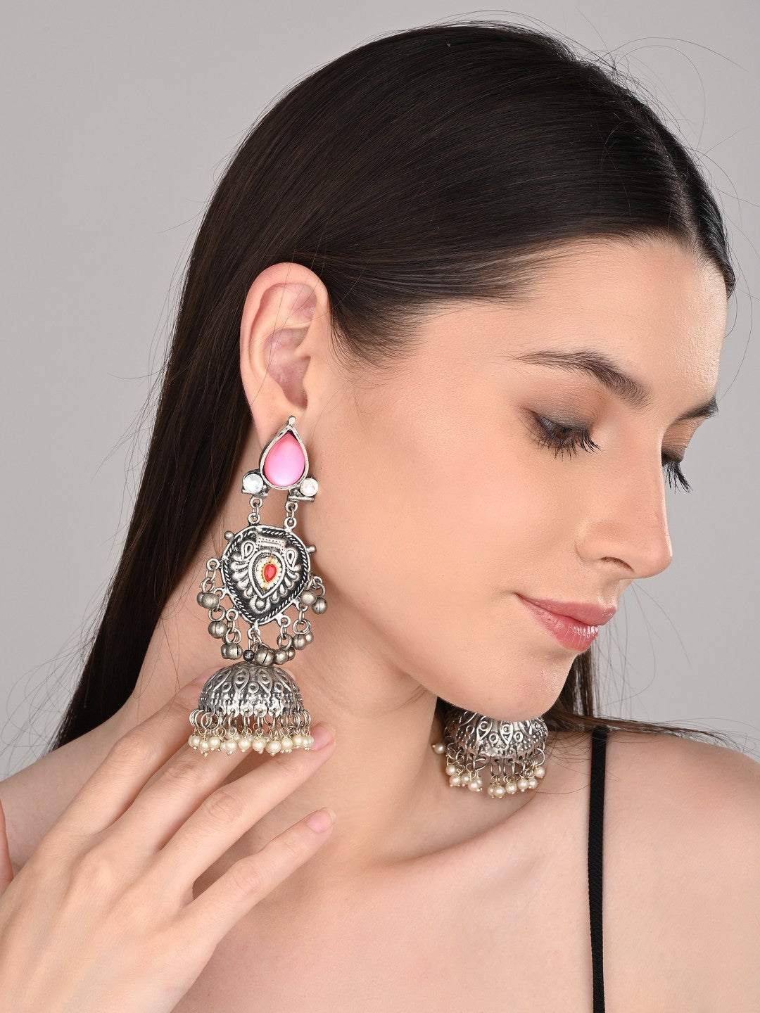 Silver oxydised lightweight long Jhumka Earring - Pink