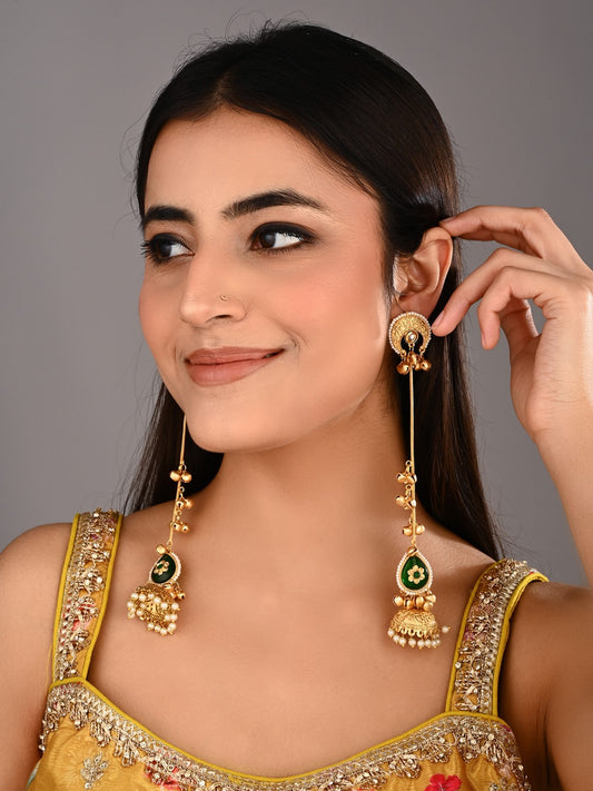 Gold plated Kshimiri long Jhumka Earrings Green