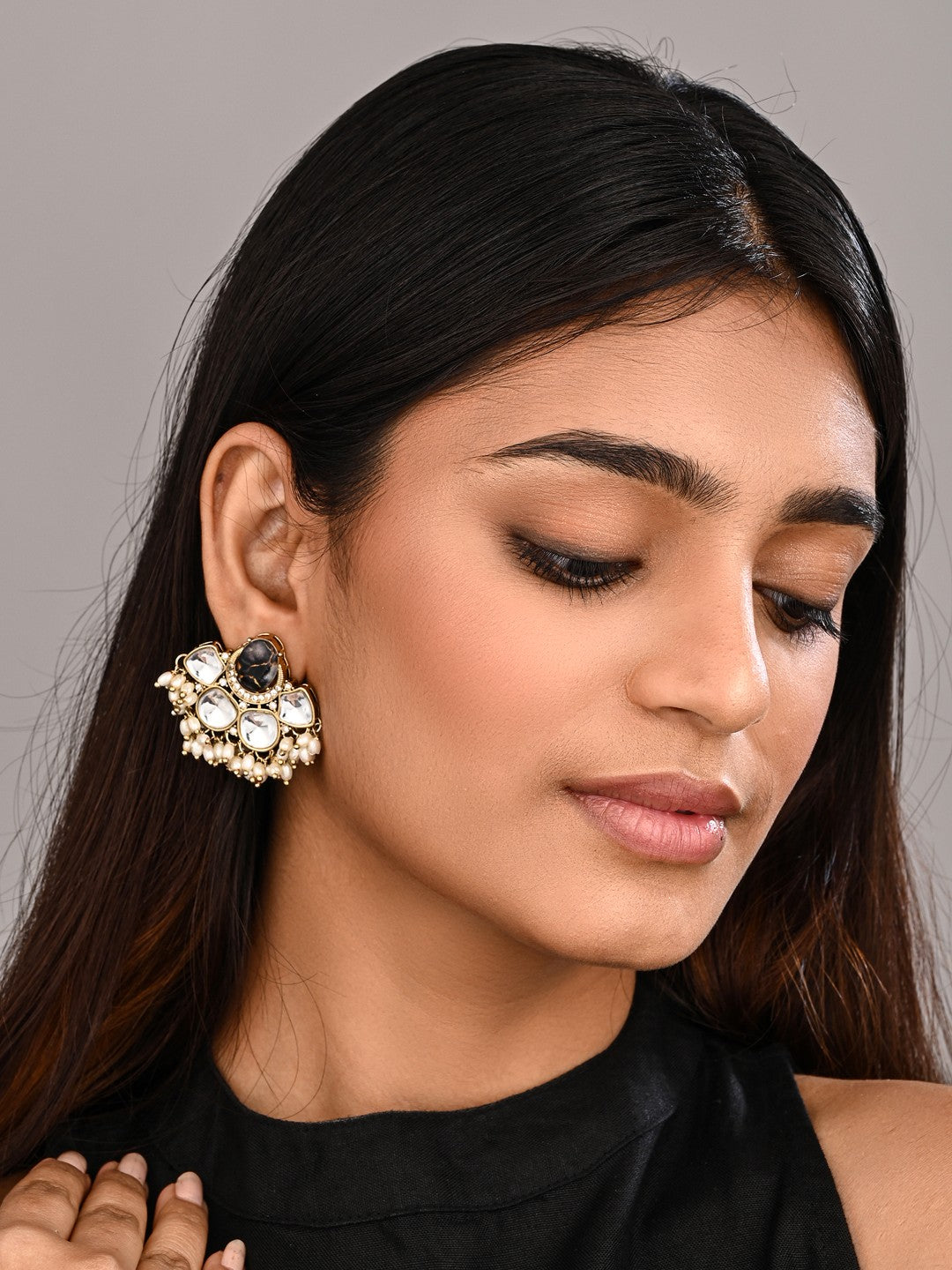 Gold-Plated Black Kundan Half Chandbali Earrings