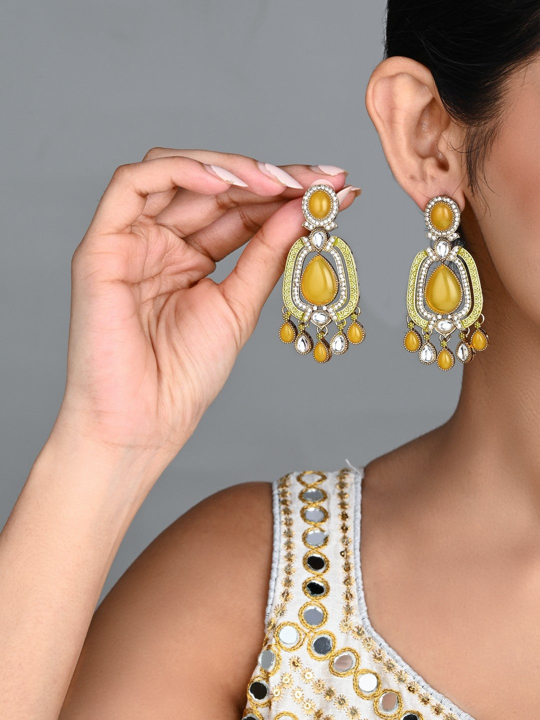 Elegant Crystal Teardrop Statement Earrings - Yellow