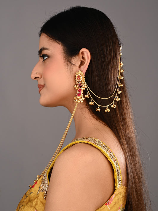 Gold plated, long Kashmiri earring with Ear chains Red