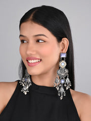 Silver oxydised lightweight long Drop Earring with Blue Stone