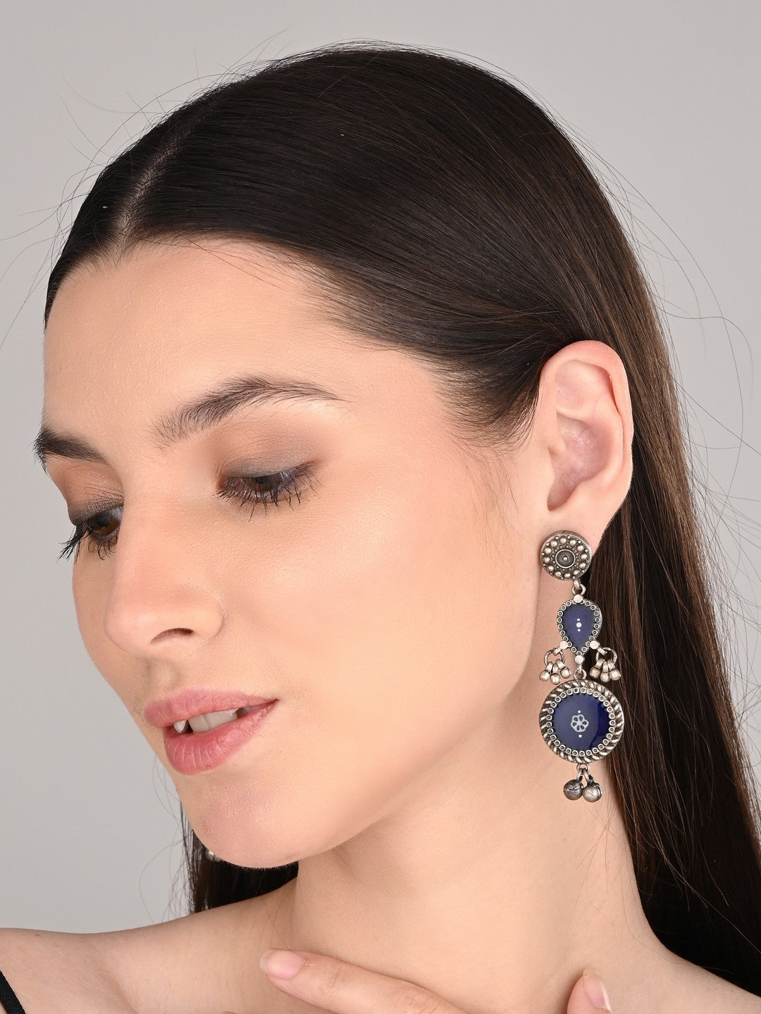 Hand-Painted circular Drop Earrings Blue