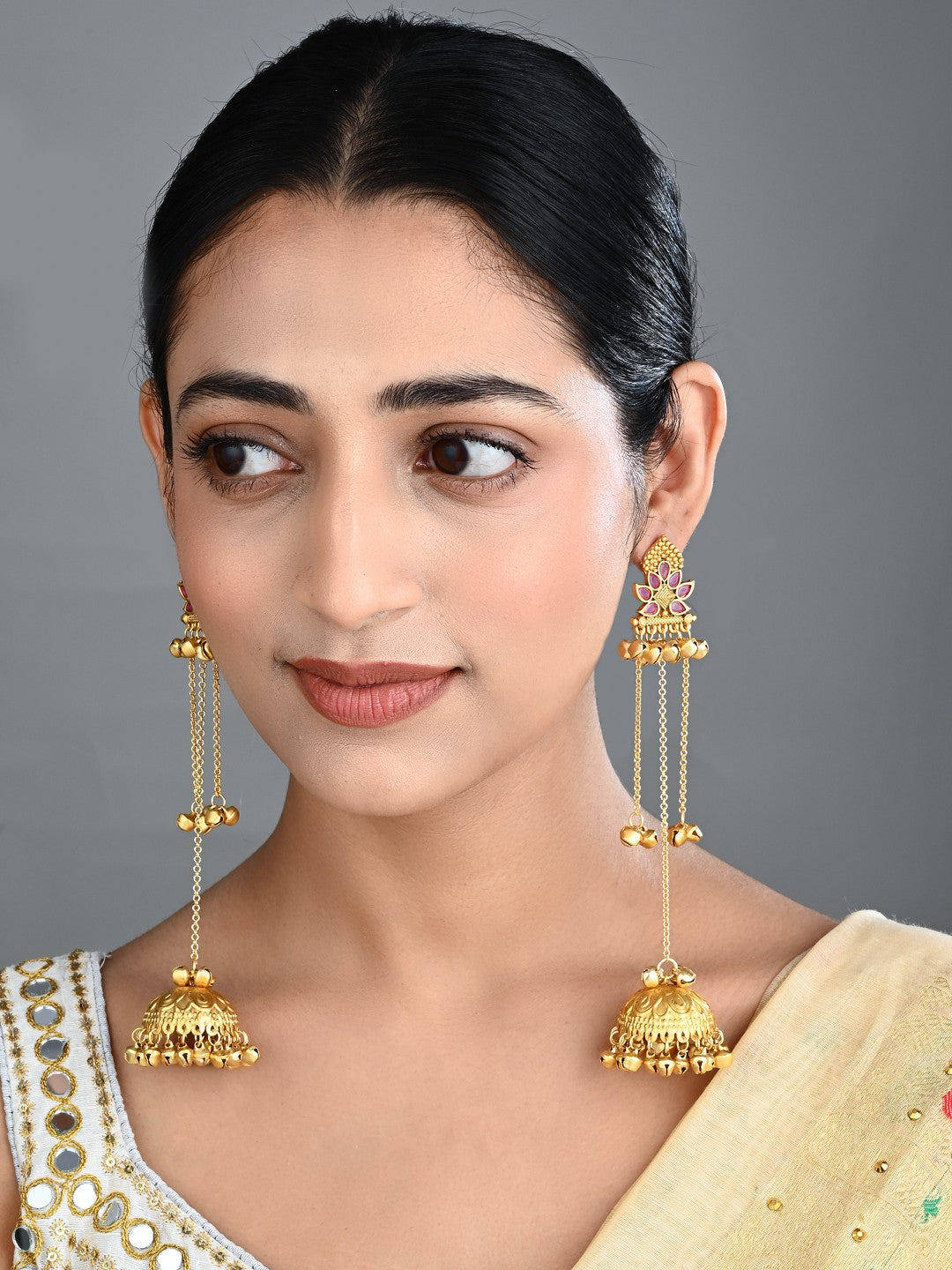 Floral Jhumka Earrings with Ghungroo Chain Tassels