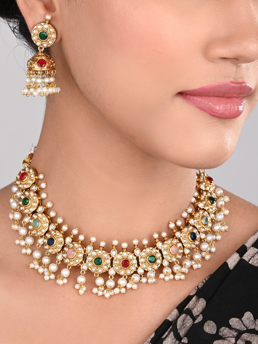Gold-Plated Kemp Stone Necklace Set with Jhumka Earrings Multi