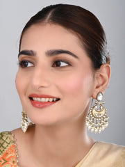 Gold-Plated Meenakari Chandbali Earrings with Kundan & Pearl Drops - White